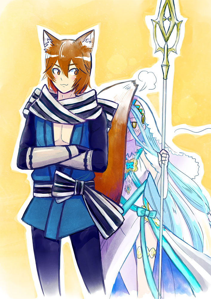 1boy 1girl animal_ears aqua_hair azura_(fire_emblem) crossed_arms fire_emblem fire_emblem_fates fox_boy fox_ears fox_tail hair_between_eyes holding holding_polearm holding_weapon japanese_clothes kaden_(fire_emblem) orange_hair polearm tail weapon yellow_eyes yoshida_(crisen)