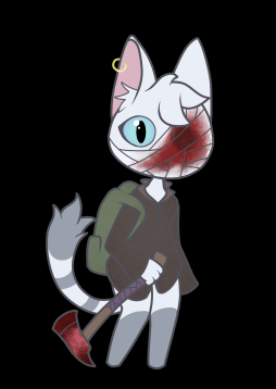 anthro backpack bandage bandaged_face black_background blood blood_on_face blood_on_weapon blue_sclera bodily_fluids brown_clothing brown_coat brown_topwear clothed clothing coat domestic_cat ear_piercing felid feline felis female fire_axe gooblie_2 holding_object holding_weapon inner_ear_fluff leg_markings looking_at_viewer low_res mammal markings melee_weapon missing_eye no_shading one_eye_obstructed piercing simple_background socks_(marking) solo striped_markings striped_tail stripes tail tail_markings topwear tuft weapon wounded