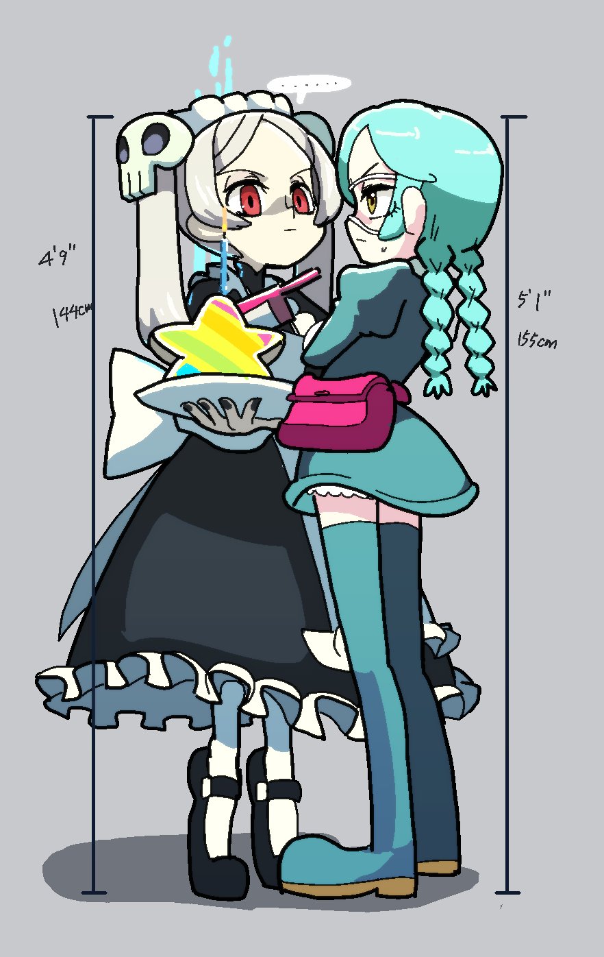 2girls annie_(skullgirls) birthday black_dress black_nails bloody_marie_(skullgirls) boots candle candlelight dress expressionless eye_contact eyepatch full_body green_dress green_hair grey_background hair_ornament happy_birthday height_difference highres holding holding_plate kuroirozuki looking_at_another maid maid_headdress multiple_girls plate red_eyes skull_hair_ornament skullgirls speech_bubble star_(symbol) thigh_boots tiptoes twintails white_hair yellow_eyes