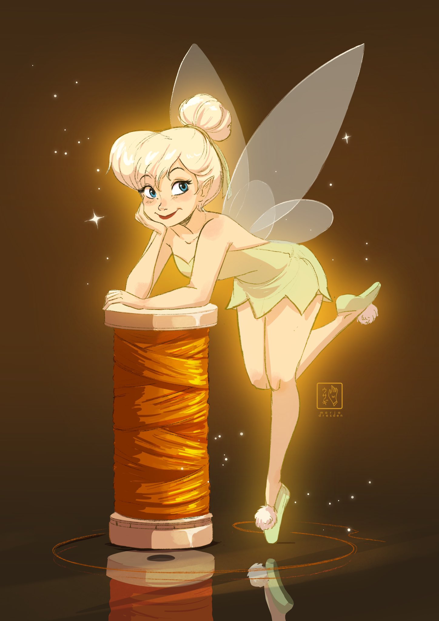 1girl artist_name blonde_hair blue_eyes dress fairy fairy_wings full_body green_dress green_footwear highres looking_to_the_side miadresden peter_pan_(disney) pointy_ears sleeveless sleeveless_dress slippers solo strapless strapless_dress thimble tinker_bell_(disney) updo wings