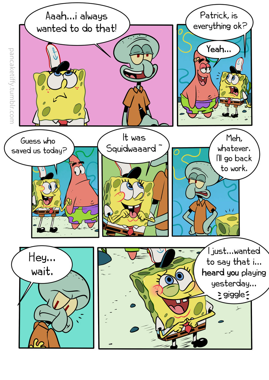 anthro asterozoan blush cephalopod coleoid comic detailed_background dialogue echinoderm english_text group hi_res male marine mollusk nickelodeon octopodiform octopus on_model pancaketiffy patrick_star sea_sponge speech_bubble spongebob_squarepants spongebob_squarepants_(character) squidward_tentacles starfish text toony trio