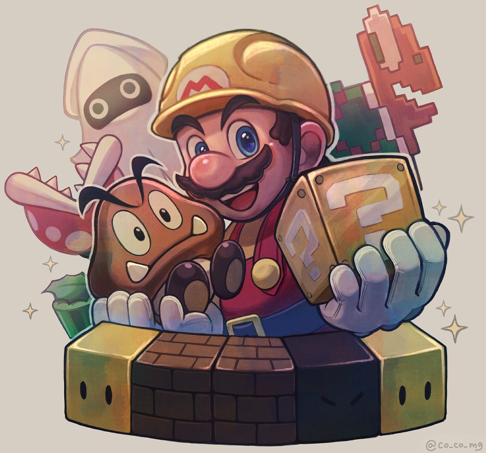 1boy :d ?_block artist_name block_(mario) block_(object) blooper_(mario) blue_eyes brown_hair builder_mario buttons closed_mouth co_co_mg commentary_request facial_hair gloves goomba grey_background hands_up hardhat hat helmet holding koopa_troopa looking_at_viewer mario mario_(series) mustache open_mouth overalls piranha_plant red_overalls rotating_block sharp_teeth shirt short_hair simple_background smile sparkle super_mario_maker teeth tusks twitter_username upper_teeth_only v-shaped_eyebrows white_gloves yellow_headwear yellow_shirt