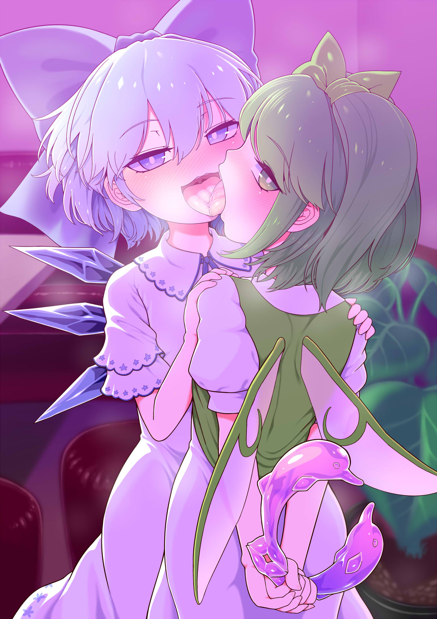 2girls blue_bow blue_eyes blue_hair blush bow cirno daiyousei dress fairy_wings french_kiss green_eyes green_hair hair_bow hair_ribbon highres holding ice ice_wings kiss looking_at_viewer multiple_girls open_mouth puffy_sleeves ribbon shirt short_hair short_sleeves side_ponytail smile touhou wings yassy yuri