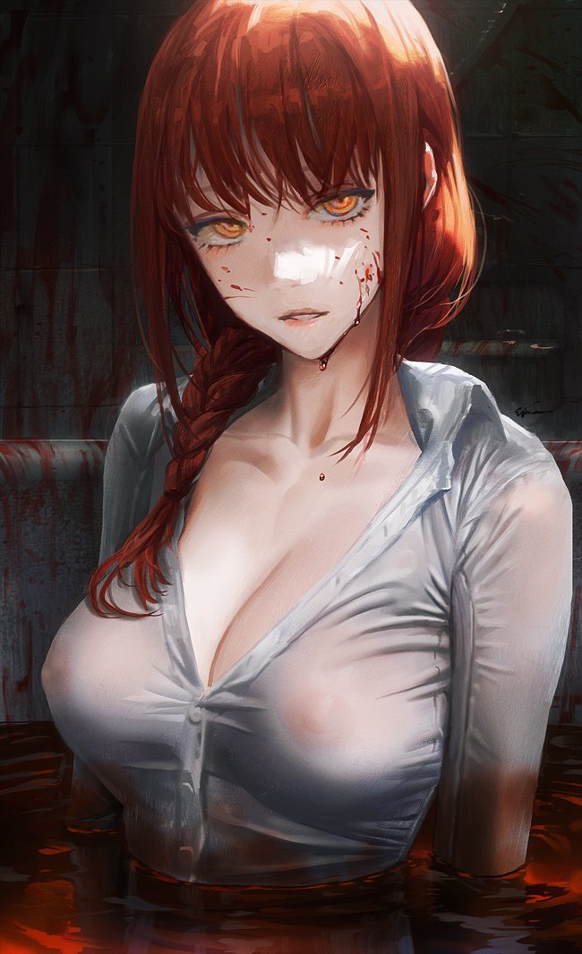 1girl blood blood_drip blood_on_clothes blood_on_face blood_on_wall braid braided_ponytail breasts chainsaw_man cleavage collared_shirt covered_nipples etama_quomo hair_over_shoulder large_breasts looking_at_viewer makima_(chainsaw_man) medium_hair parted_lips red_hair ringed_eyes shirt sidelocks solo white_shirt yellow_eyes