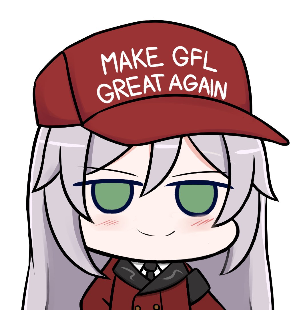 baseball_cap black_necktie blush chibi closed_mouth coat collared_shirt cosplay english_commentary english_text female_commander_(girls'_frontline) female_commander_(girls'_frontline)_(cosplay) girls'_frontline green_eyes grey_hair griffin_&amp;_kryuger_military_uniform hat long_hair make_america_great_again necktie original randgriz96 red_coat red_headwear shirt simple_background smile white_background white_shirt