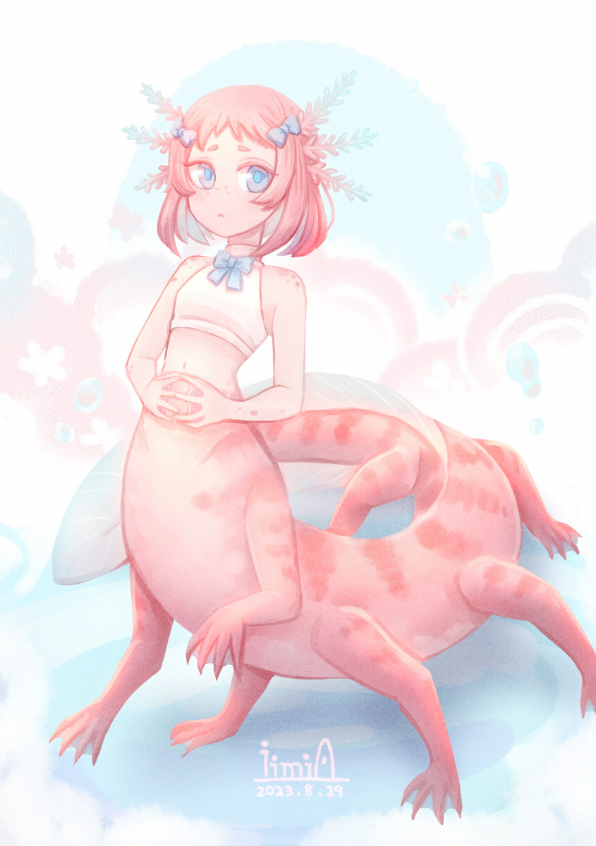 :c axolotl axolotl_girl blue_eyes body_freckles bow bubble centauroid colored_skin dated finger_touching fins freckles hair_bow highres iimia monster_girl multiple_legs original pastel_colors pink_hair red_eyes signature solo star_(symbol) striped_skin taur webbed_feet webbed_hands worried