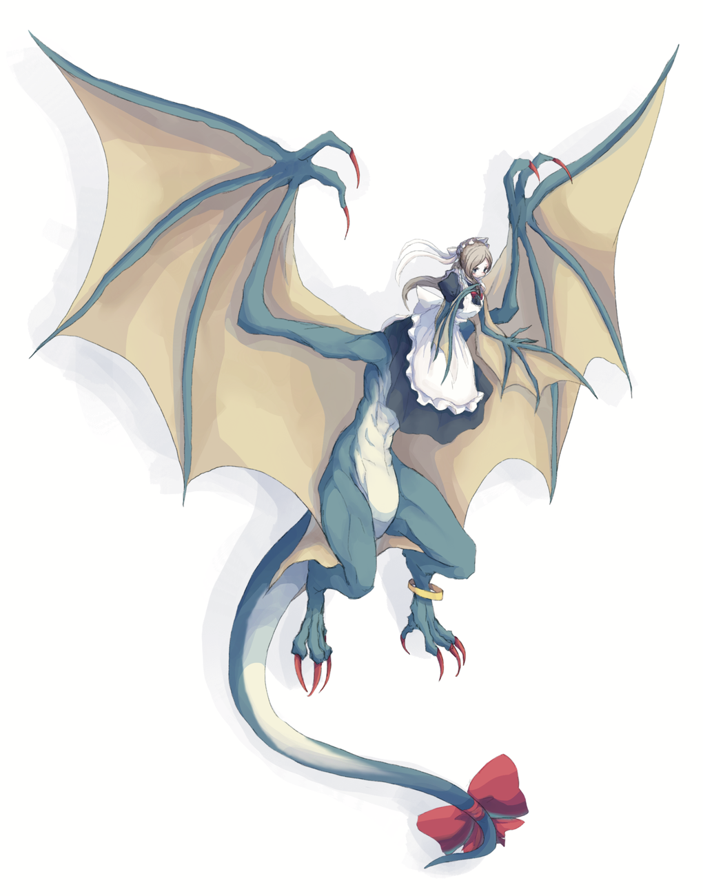 2021 apron black_clothing black_dress brown_hair claws clothing dragon dragon_taur dress female green_body hair hi_res long_hair membrane_(anatomy) membranous_wings red_claws red_ribbon simple_background solo tail taur white_apron white_background whitechip wings wyvern wyvern_taur