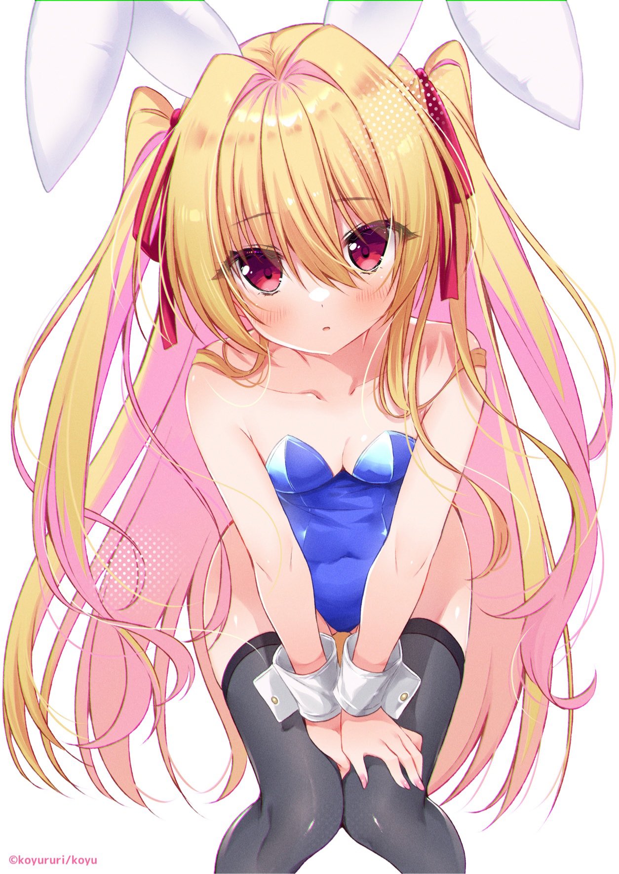 1girl animal_ears ass_visible_through_thighs bare_shoulders black_thighhighs blonde_hair blue_leotard blush breasts cleavage commission covered_navel fake_animal_ears hair_intakes hands_on_own_thighs highres irotoridori_no_sekai ko_yu leaning_forward leotard long_hair looking_at_viewer nikaidou_shinku playboy_bunny rabbit_ears red_eyes ribbon skeb_commission small_breasts solo strapless strapless_leotard thigh_gap thighhighs thighs two_side_up very_long_hair