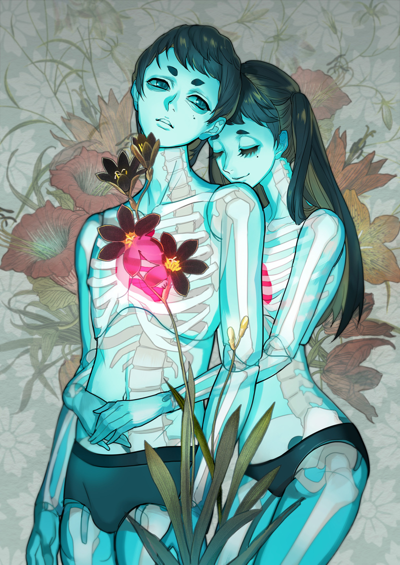 1boy 1girl aqua_scarf aqua_skin bangs black_flower black_hair black_male_underwear black_panties blue_male_underwear blue_panties blue_skin briefs closed_eyes closed_mouth colored_skin cowboy_shot floral_background flower flower_request green_hair head_tilt heart_(organ) hug hug_from_behind looking_away male_underwear mole mole_under_eye nanjou_(sumeragimishiro) original panties parted_lips pink_flower short_eyebrows skeleton smile topless topless_male transparent twintails underwear underwear_only