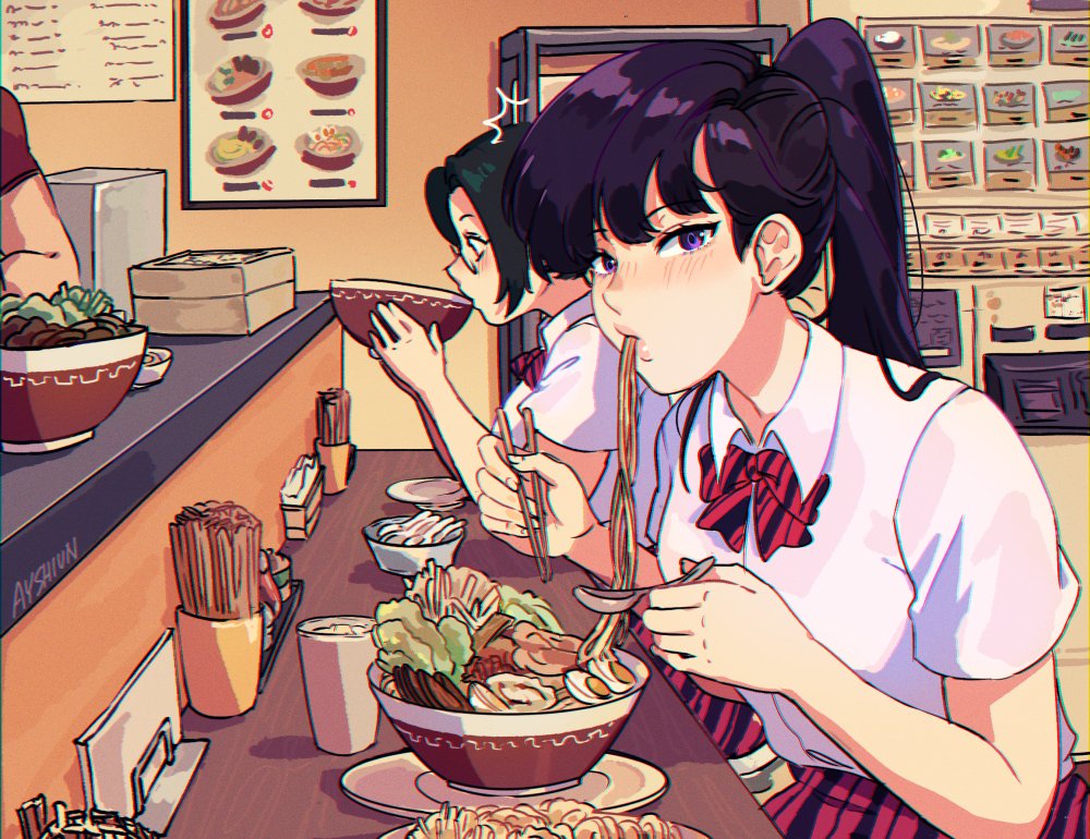 1other 2girls agari_himiko ayshiun blue_jacket bow bowtie cafe diagonal-striped_bowtie eating glasses green_hair indoors jacket komi-san_wa_komyushou_desu komi_shouko long_hair multiple_girls purple_eyes purple_hair shirt skirt striped striped_bow striped_bowtie striped_skirt white_shirt