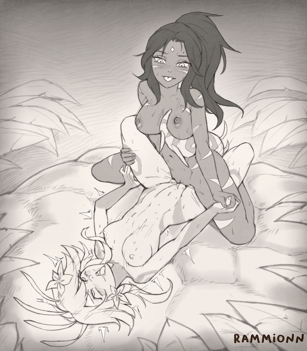 2girls artist_name blush breasts collarbone completely_nude female_ejaculation flower greyscale hair_flower hair_ornament holding_hands large_breasts league_of_legends long_hair monochrome multiple_girls neeko_(league_of_legends) nidalee nipples nude outdoors pussy rammionn sweat tail tattoo tongue tongue_out tribadism yuri