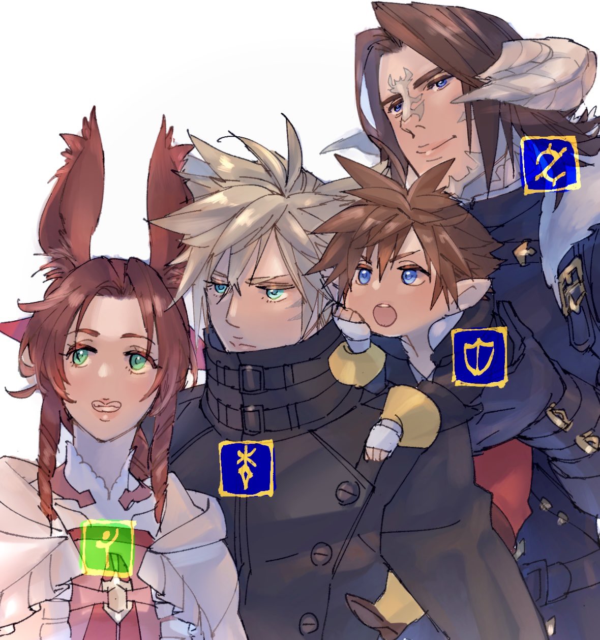 1girl 3boys aerith_gainsborough animal_ears aqua_eyes au_ra black_gloves black_jacket blonde_hair blue_eyes braid braided_ponytail brown_capelet brown_hair capelet cat_boy cat_ears cloud_strife curled_horns dress facial_mark final_fantasy final_fantasy_vii final_fantasy_vii_remake final_fantasy_xiv gloves green_eyes hair_between_eyes hair_ribbon hand_on_own_cheek hand_on_own_face highres horns jacket kingdom_hearts kingdom_hearts_ii lalafell long_hair looking_to_the_side medium_hair miqo'te multiple_boys open_mouth parted_bangs pink_dress pink_ribbon pointy_ears rabbit_ears rabbit_girl ribbon ryouto short_hair sidelocks single_braid sora_(kingdom_hearts) spiked_hair squall_leonhart upper_body viera white_background