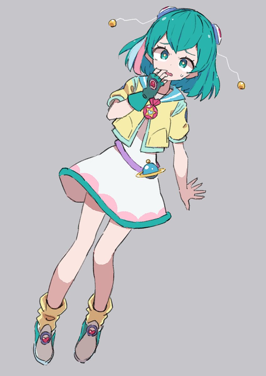 1girl antennae aqua_gloves blue_sailor_collar covering_mouth cropped_jacket dress fingerless_gloves full_body gloves green_eyes green_hair grey_background hagoromo_lala hand_over_own_mouth highres jacket looking_at_viewer loose_socks multicolored_hair nervous oosawa_(azeeee73) open_mouth pink_hair precure sailor_collar shoes short_hair short_sleeves simple_background single_glove socks solo standing star_twinkle_precure streaked_hair white_dress yellow_jacket yellow_socks