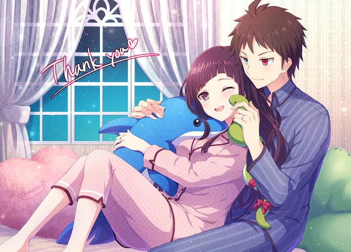 1boy 1girl :d ahoge between_legs black_hair blue_eyes blue_pajamas blunt_bangs blunt_ends blush bow breasts brown_hair closed_mouth commentary_request commission couple curtains danganronpa_(series) danganronpa_2:_goodbye_despair dolphin from_side happy heads_together heart heart_pillow hetero heterochromia hinata_hajime hug hug_from_behind indoors knees_up kousetsu large_breasts leaning_back long_hair long_sleeves looking_at_another night nose object_hug one_eye_closed pajamas pillow pink_pajamas pinstripe_pajamas pinstripe_pattern polka_dot polka_dot_pajamas red_bow red_eyes round_teeth short_hair sidelocks signature sitting skeb_commission sky smile snake spiked_hair spoilers star_(sky) starry_sky striped stuffed_animal stuffed_toy tail tail_bow tail_ornament teeth thank_you tsumiki_mikan upper_teeth_only very_long_hair window