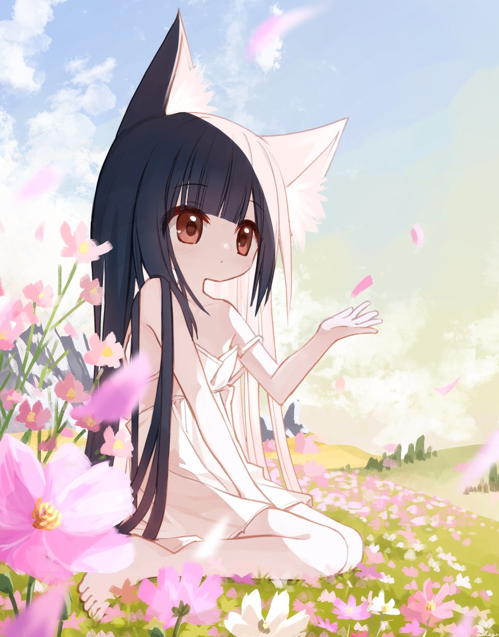 1girl animal_ears bare_arms bare_shoulders barefoot black_hair blue_sky brown_eyes cloud collarbone commentary_request day dress flower highres long_hair on_grass original outdoors petals pink_flower sitting sky sleeveless sleeveless_dress solo strap_slip very_long_hair wariza white_dress white_flower yuuhagi_(amaretto-no-natsu)
