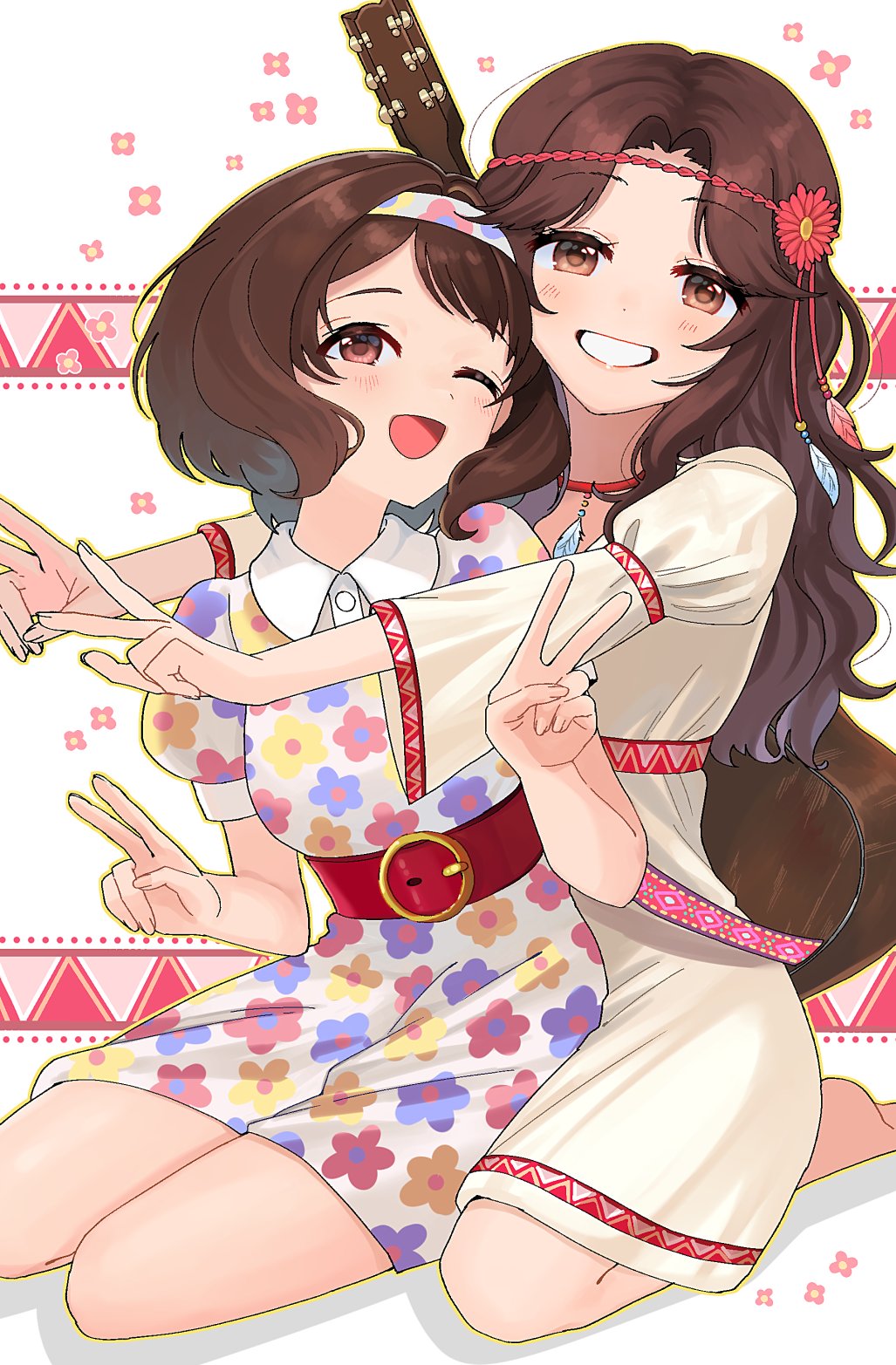 2girls acoustic_guitar ariura_kanna belt between_legs brown_eyes brown_hair double_v dress guitar hairband headpiece highres hippie idolmaster idolmaster_cinderella_girls instrument long_hair lvetica multiple_girls nagatomi_hasumi one_eye_closed pink_eyes short_hair smile v