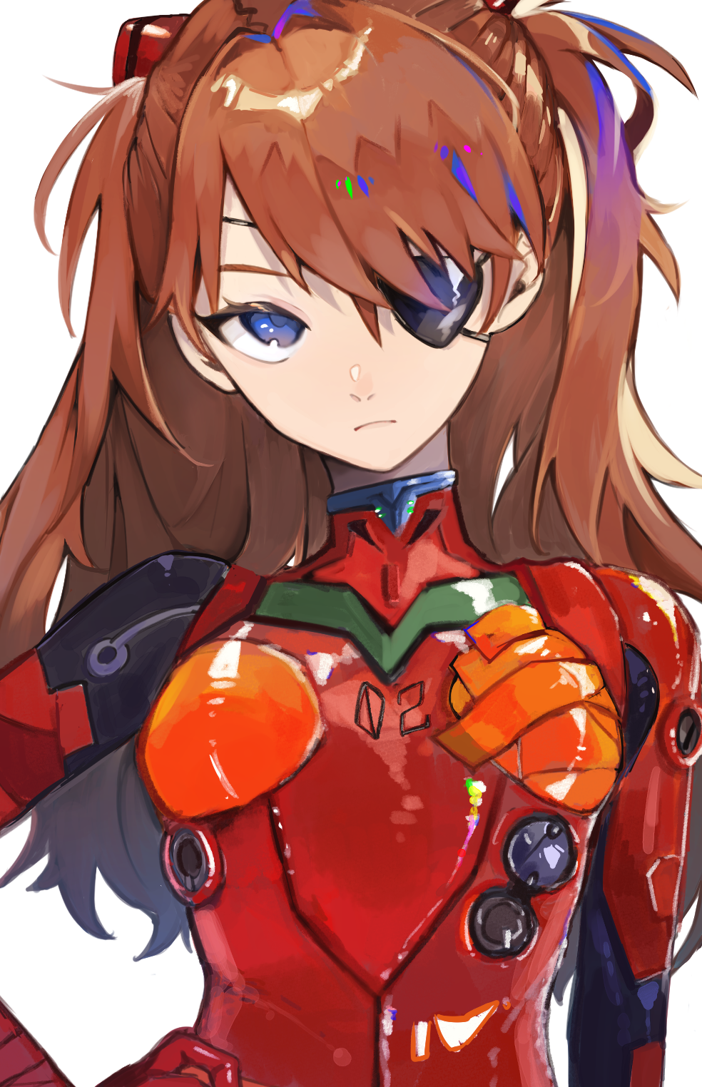 1girl blue_eyes bodysuit breasts closed_mouth evangelion:_3.0_you_can_(not)_redo eyepatch hand_on_own_hip highres interface_headset looking_at_viewer neon_genesis_evangelion orange_hair pilot_suit plugsuit rebuild_of_evangelion red_bodysuit simple_background sirorosan small_breasts solo souryuu_asuka_langley upper_body white_background