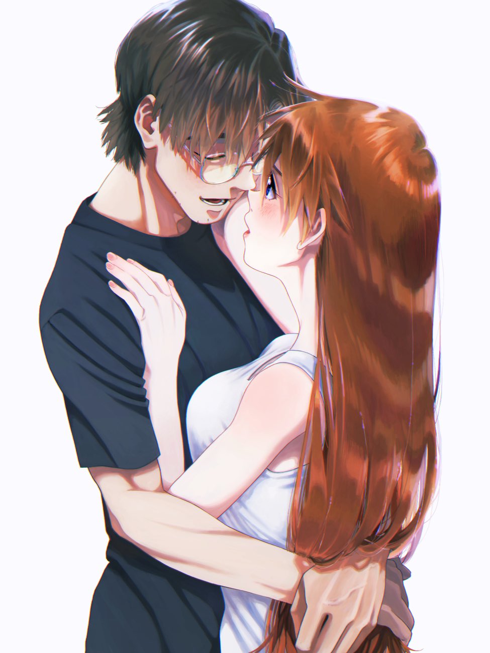 1boy 1girl aged_up aida_kensuke blue_eyes blush breasts brown_hair evangelion:_3.0+1.0_thrice_upon_a_time face-to-face glasses hair_between_eyes highres hug long_hair neon_genesis_evangelion non-web_source open_mouth rebuild_of_evangelion souryuu_asuka_langley standing