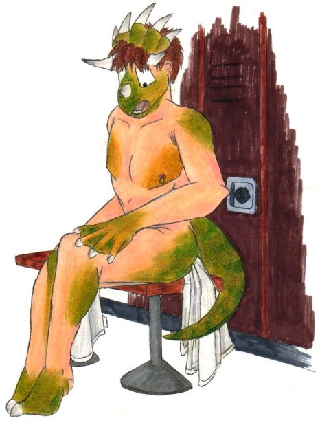 brown_hair ceratopsian claws dinosaur facial_horn feral finger_in_mouth foxx frilly green_body green_skin growth hair horn human inside locker locker_bench locker_room looking_at_self looking_down male mammal nose_horn nude open_mouth ornithischian reptile scalie solo strategically_covered tail_growth teeth toe_claws towel transformation triceratops