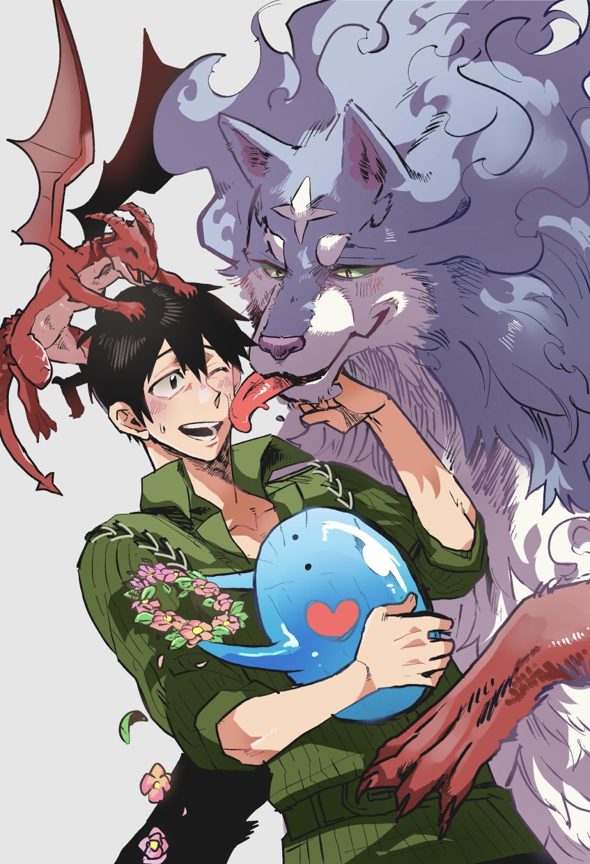&lt;3 blue_body blue_fur blush campfire_cooking_in_another_world_with_my_absurd_skill canid canine canis clothed clothing dora-chan dragon fel_(fenrir) fur goo_creature green_eyes group hi_res hiyo_011oue horn human licking male mammal membrane_(anatomy) membranous_wings mukoda_tsuyoshi red_body red_scales scales simple_background sui_(slime) tongue tongue_out white_body white_fur wings wolf wreath