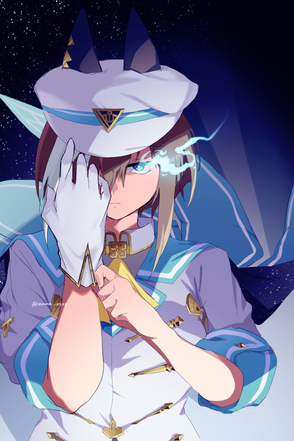 1girl animal_ears ascot blue_eyes breasts brown_hair cape cheval_grand_(umamusume) closed_mouth collared_shirt eye_trail frown glove_pull gloves hat highres horse_ears jacket light_trail long_sleeves looking_at_viewer multicolored_hair one_eye_covered renma_(renma_0503) shirt single_glove small_breasts solo star_(sky) streaked_hair twitter_username umamusume upper_body watermark white_gloves white_headwear white_jacket white_shirt yellow_ascot