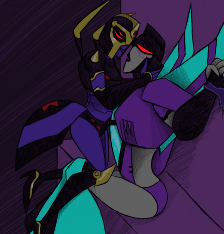 armor black_lips black_panties blackarachnia breasts colored_skin curvy grey_skin humanoid_robot lowres medium_breasts panties purple_panties purple_skin red_eyes robot rosey-raven size_difference slipstream_(transformers) transformers transformers_animated underwear wings yuri