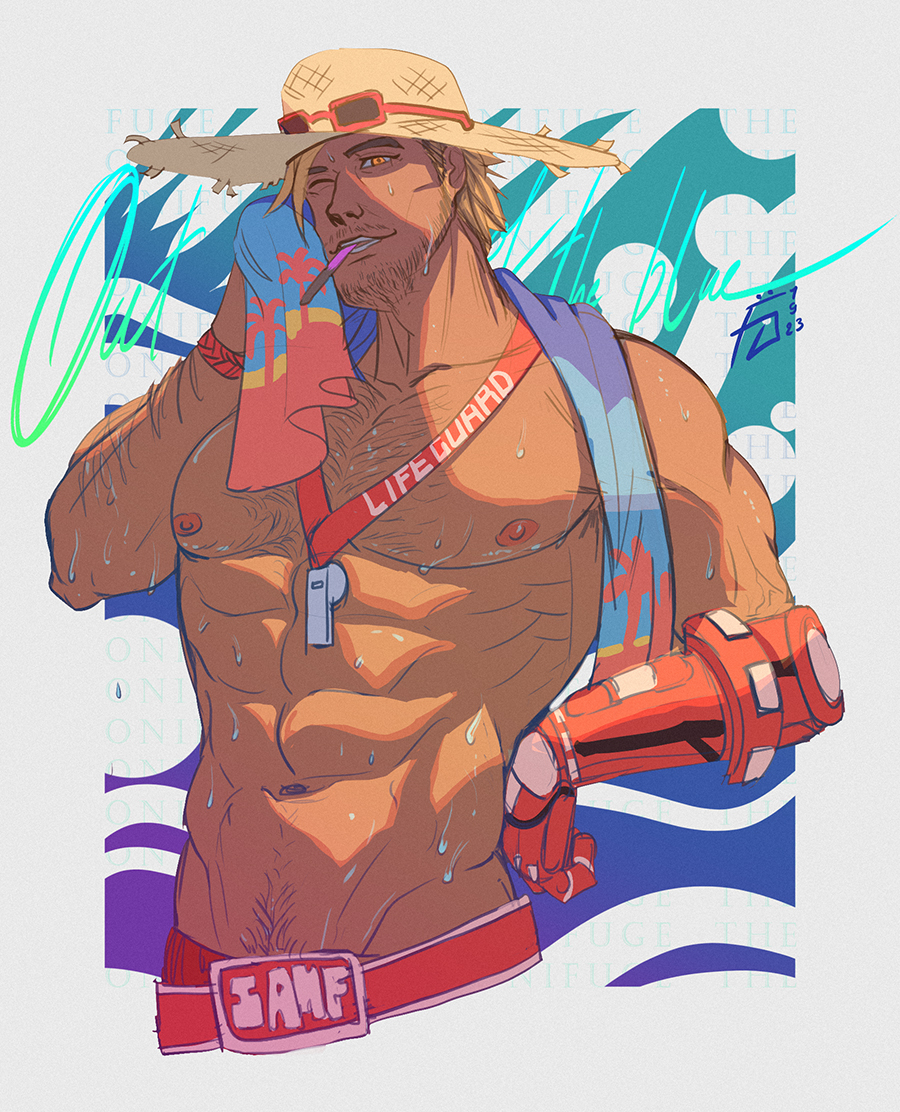 1boy abs arm_hair bara beard beard_stubble brown_hair cassidy_(overwatch) chest_hair dark-skinned_male dark_skin facial_hair fuge_oni666 hairy large_pectorals lifeguard lifeguard_cassidy male_focus mature_male mechanical_arms muscular muscular_male mustache mustache_stubble navel navel_hair nipples overwatch pectorals short_hair single_mechanical_arm solo stomach sweat thick_eyebrows topless_male towel whistle whistle_around_neck