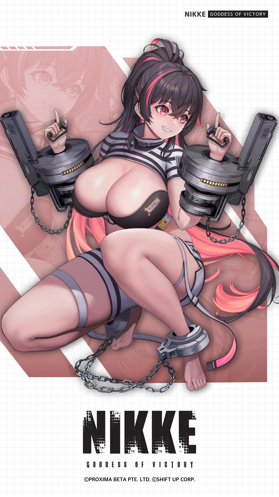 1girl bangs barefoot black_bra blinking blush bra breasts brown_hair chain character_name cleavage clothes_writing commentary_request copyright_name cuffs dramz expressions full_body goddess_of_victory:_nikke gradient_background grin handcuffs high_ponytail highres large_breasts light_smile lips logo long_hair multicolored_hair official_art open_mouth pink_hair ponytail prison_clothes quency_(nikke) red_eyes shackles shiny_skin short_shorts shorts shrug_(clothing) simple_background skindentation smile squatting standing striped thigh_strap thighs toes two-tone_hair underwear weapon zoom_layer