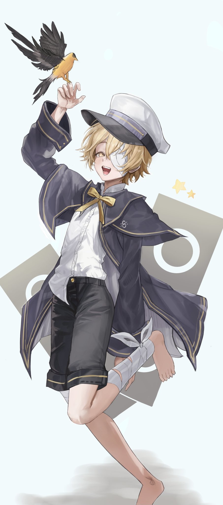 1boy 1other bandage_over_one_eye bandaged_foot bandaged_leg bandages barefoot bird bird_on_hand black_shorts blonde_hair blue_capelet blue_jacket capelet coat collared_shirt commentary dal_segno_(symbol) elpuchi finch hat highres jacket james_(vocaloid) leg_up light_blue_background looking_at_viewer male_focus oliver_(vocaloid) one_eye_covered open_clothes open_jacket open_mouth pet ribbon sailor_collar sailor_hat shirt shorts smile speaker standing standing_on_one_leg vocaloid white_shirt yellow_eyes yellow_ribbon