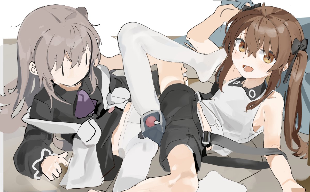 2girls aged_down brown_eyes brown_hair girls'_frontline grey_hair hair_ribbon long_hair looking_at_viewer multiple_girls official_alternate_costume one_side_up open_mouth pantyhose ribbon scar scar_across_eye scar_on_face scarf_on_head shorts suspenders twintails ump45_(girls'_frontline) ump9_(girls'_frontline) white_pantyhose yellow_eyes yuki_hotaru