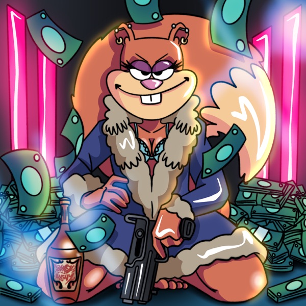 alcohol anthro bathrobe beverage bra brown_body brown_fur clothing ear_piercing eyeshadow female fur glorb gun hand_on_hip kneeling liquor looking_at_viewer makeup mammal money nickelodeon piercing ranged_weapon robe rodent sandy_cheeks sciurid solo spongebob_squarepants tree_squirrel underwear weapon