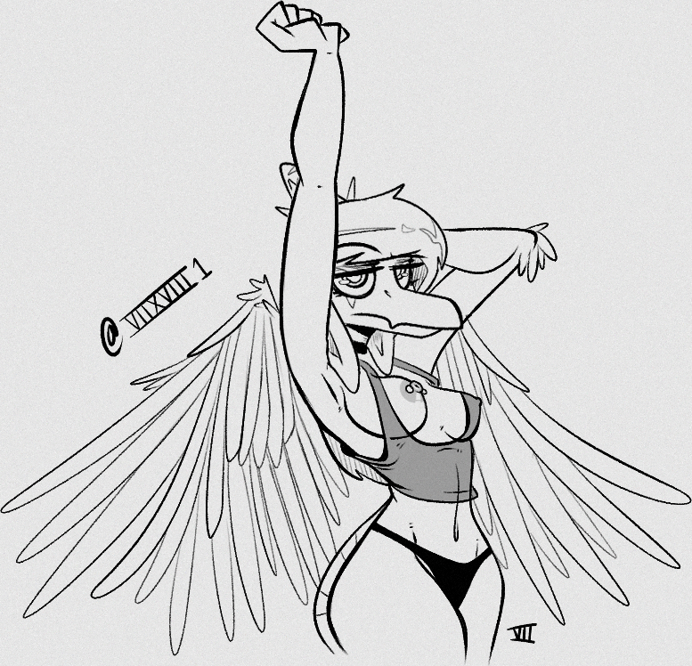 2023 anthro areola artist_name black_and_white breasts clothed clothing crop_top curvaceous curvy_figure dinosaur elbow_feathers exposed_breasts fang_(gvh) feathered_wings feathers female fingers goodbye_volcano_high hand_behind_head monochrome navel nipple_outline nipple_piercing nipples panties piercing pterodactylus pterosaur reptile scalie seven_(artist) shirt short_tail side_boob skimpy snoot_game_(fan_game) snout solo stretching stretching_arms tail thick_thighs topwear underwear v-cut voluptuous watermark wide_hips wings