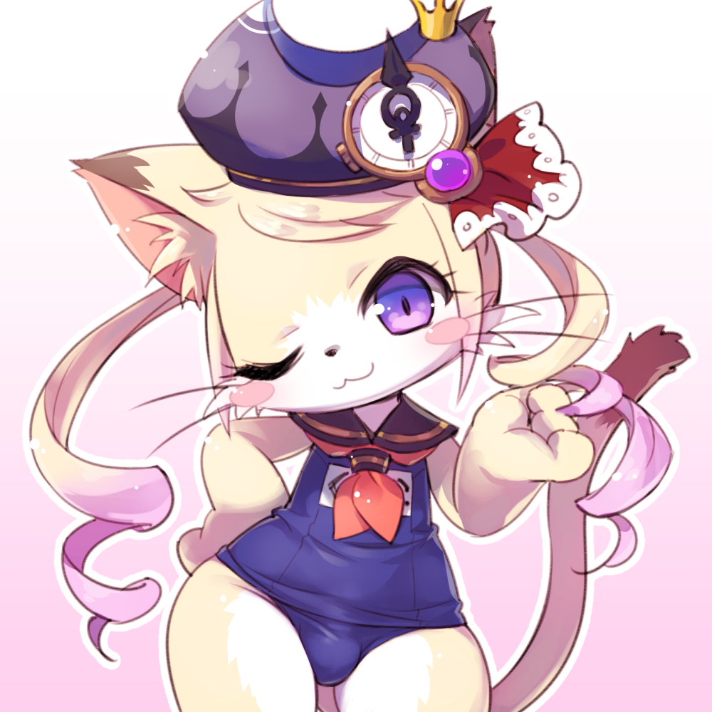 2018 :3 anthro big_head blonde_hair blush blush_stickers bulge cat_busters cheek_tuft chibi chrona_(cat_busters) clothed clothing compass cotora crossdressing curled_tail dipstick_tail domestic_cat facial_tuft felid feline felis front_view girly gradient_background hair hand_on_hip hat head_tilt headgear headwear highlights_(coloring) inner_ear_fluff long_hair looking_at_viewer male mammal markings one-piece_swimsuit one_eye_closed outline pink_highlights playing_with_hair portrait pose purple_clothing purple_eyes purple_hat purple_headwear raised_tail sailor_collar simple_background solo standing swimwear tail tail_markings three-quarter_portrait tuft whiskers white_outline wink winking_at_viewer