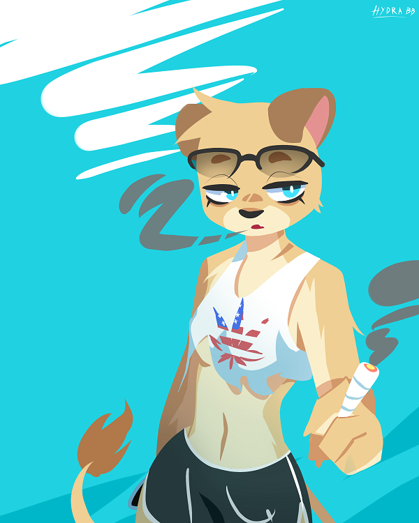 anthro blue_eyes bottomwear clothing crop_top digital_media_(artwork) drugs eyewear felid female fur head_tuft holding_object hydrabb lion mammal marijuana midriff navel pantherine shirt shorts simple_background smoking solo sunglasses tan_body tan_fur topwear tuft