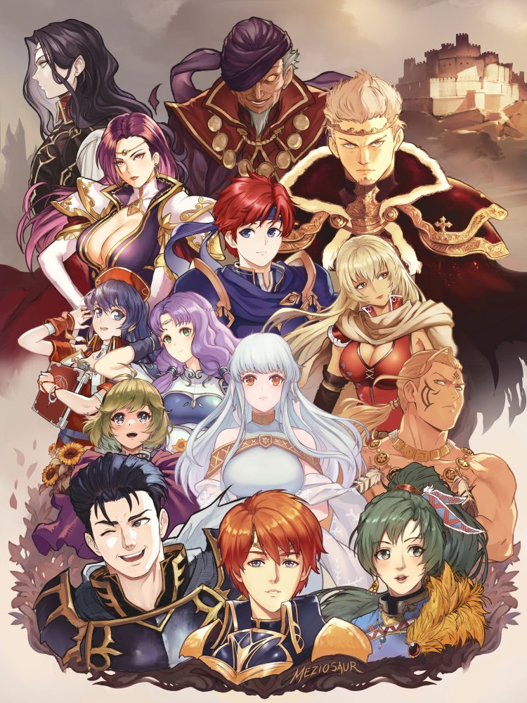 bare_shoulders blonde_hair blue_eyes blue_hair breasts brunnya_(fire_emblem) castle eliwood_(fire_emblem) fire_emblem fire_emblem:_the_binding_blade fire_emblem:_the_blazing_blade florina_(fire_emblem) green_eyes green_hair hawkeye_(fire_emblem) hector_(fire_emblem) igrene_(fire_emblem) large_breasts lilina_(fire_emblem) limstella_(fire_emblem) lyn_(fire_emblem) meziosaur nergal_(fire_emblem) ninian_(fire_emblem) open_mouth red_hair roy_(fire_emblem) turban zephiel_(fire_emblem)