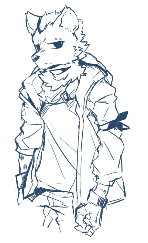 anthro arknights clothed clothing ear_piercing eyebrow_piercing facial_piercing fingerless_gloves gloves half-length_portrait handwear harukaze110 hyena hypergryph jacket looking_at_viewer male mammal open_clothing piercing portrait sketch solo spot_(arknights) studio_montagne topwear