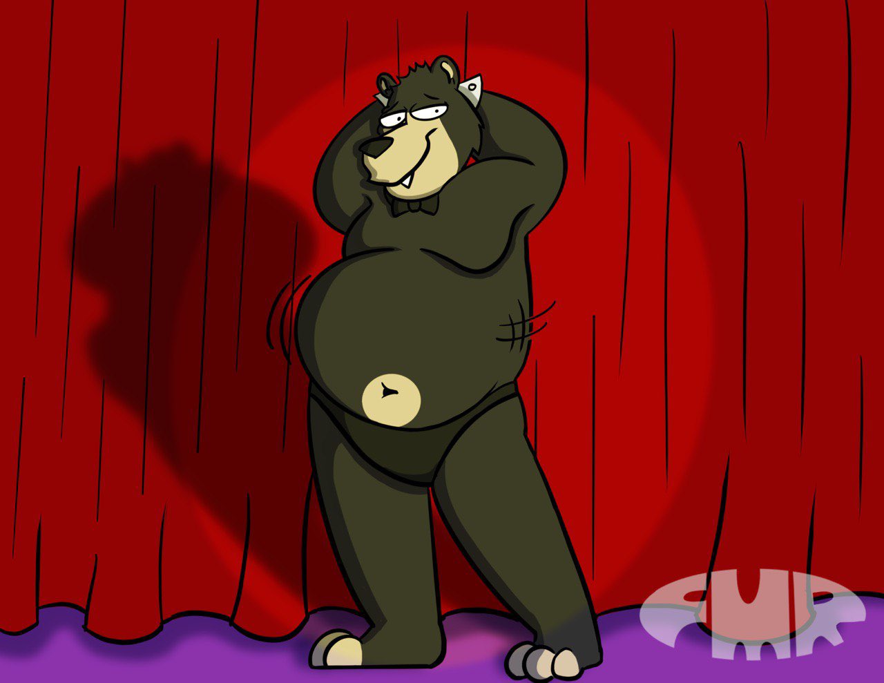 anthro barefoot bear belly black_bowtie black_briefs black_clothing black_nose black_underwear bow_tie briefs clothed clothing feet foxmanad fur hand_behind_head male mammal navel overweight overweight_male performance purple_floor_(object) red_curtain smile solo spotlight stage tan_body tan_fur teeth_showing topless underwear white_cufflinks