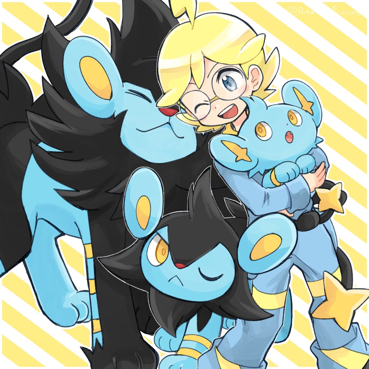 1boy :d ahoge blonde_hair blue_eyes blue_jumpsuit clemont_(pokemon) commentary evolutionary_line glasses highres holding holding_pokemon jumpsuit luxio luxray male_focus open_mouth pokemon pokemon_(anime) pokemon_(creature) pokemon_xy_(anime) pokesumomo round_eyewear shinx smile standing symbol-only_commentary teeth tongue upper_teeth_only