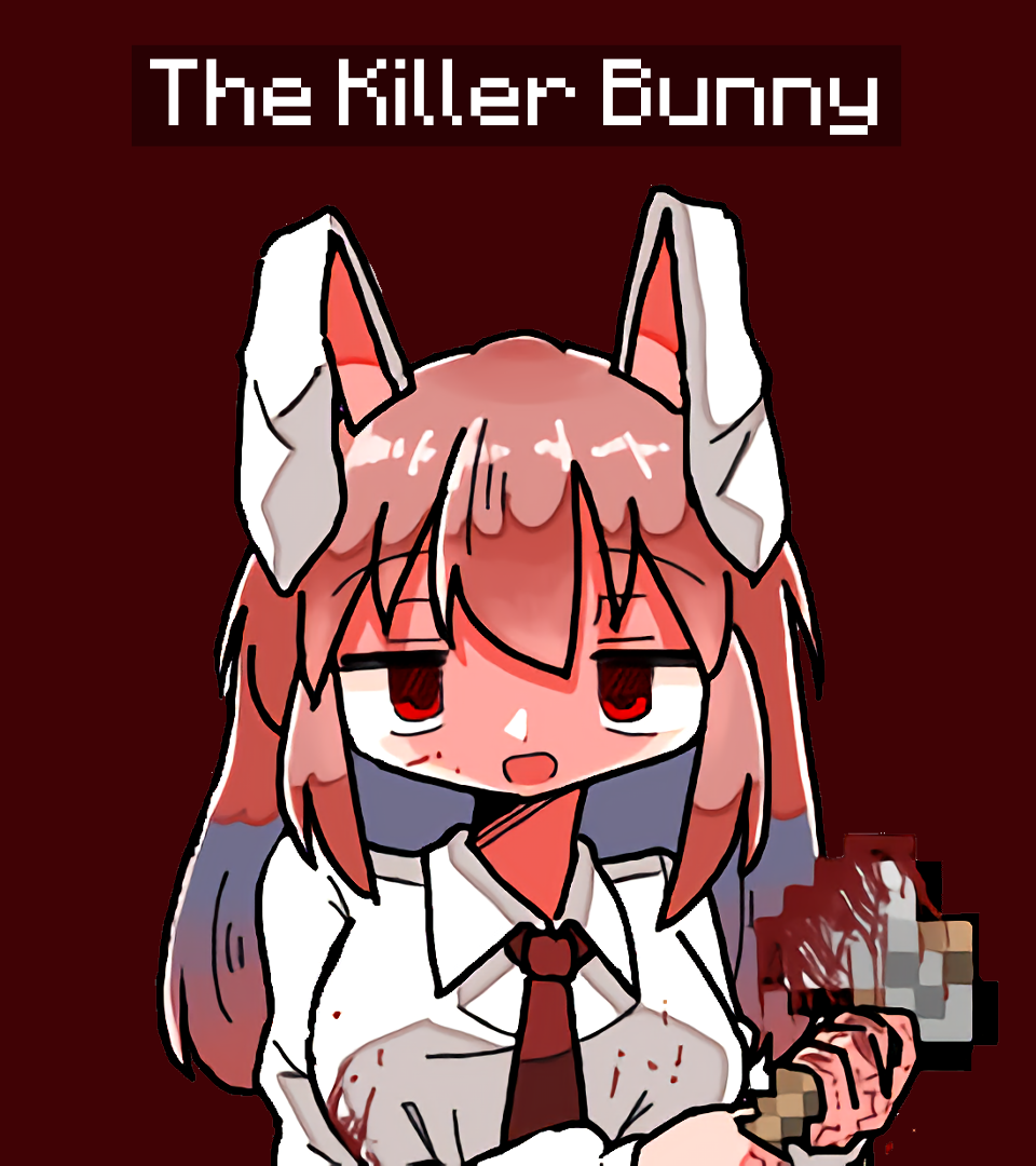 1girl animal_ears axe blood blood_on_clothes blood_on_face blood_on_hands blood_on_weapon dot_nose english_text holding holding_weapon kasuya_baian light_smile long_hair long_sleeves looking_at_viewer minecraft minecraft_axe necktie open_mouth pink_hair rabbit_ears rabbit_girl red_background red_eyes red_necktie reisen_udongein_inaba shirt simple_background touhou upper_body weapon white_shirt yandere