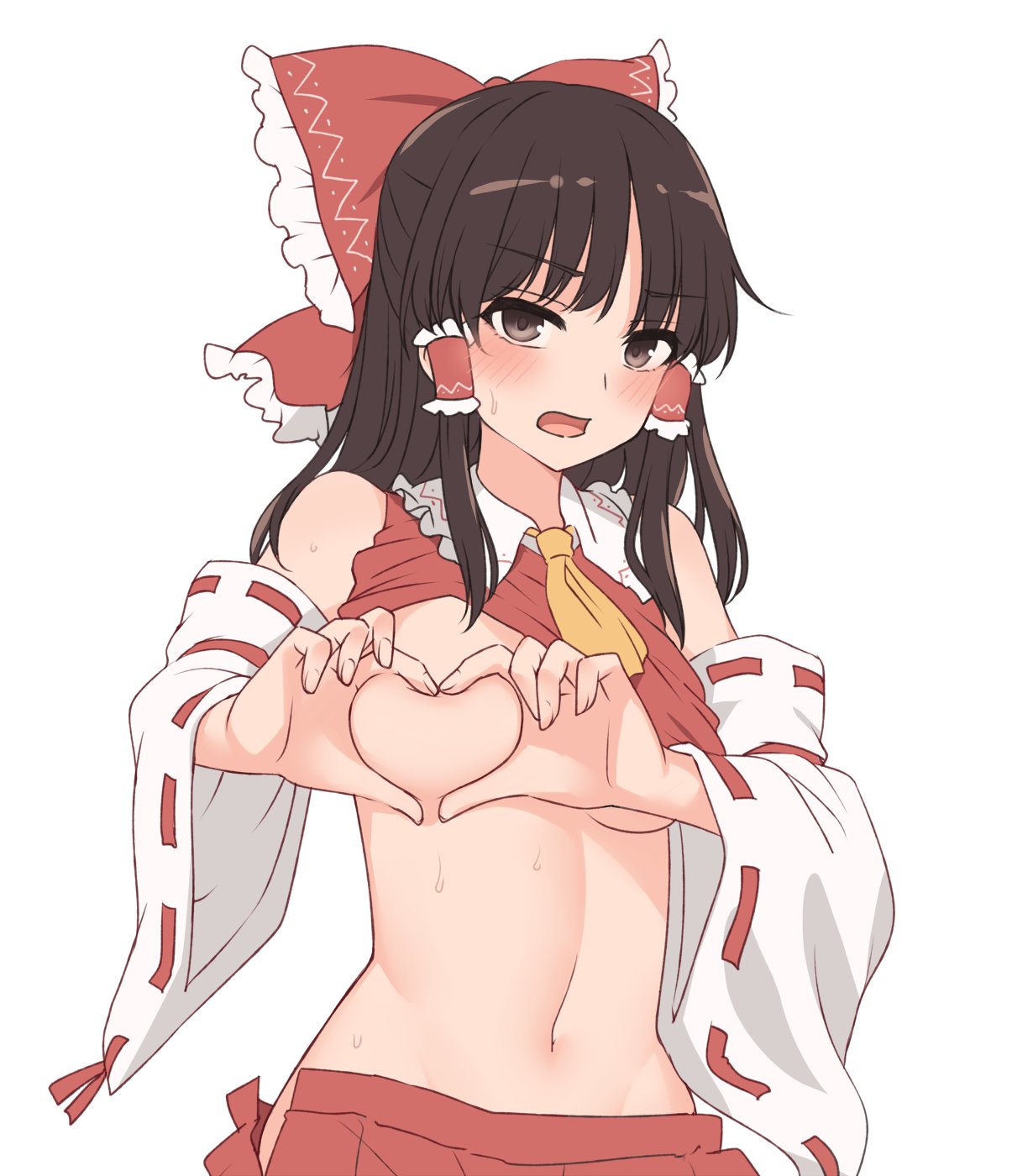 1girl ascot blush bow breasts brown_hair clothes_lift detached_sleeves frilled_bow frilled_hair_tubes frills hair_bow hair_tubes hakurei_reimu heart heart-shaped_boob_challenge heart_hands highres looking_at_viewer miyo_(ranthath) navel no_bra no_panties open_mouth red_bow red_shirt red_skirt ribbon-trimmed_sleeves ribbon_trim shirt shirt_lift simple_background skirt skirt_set solo sweat touhou underboob white_background