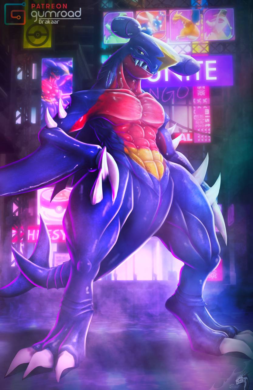 3_toes abs anthro artist_logo artist_name blue_body city city_background city_lights drakaar featureless_crotch feet fin fish_tail garchomp generation_4_pokemon glistening glistening_body gumroad gumroad_logo hi_res logo male muscular muscular_male nintendo outside patreon pecs pokemon pokemon_(species) red_body solo standing street tail tail_fin toes white_spikes yellow_body