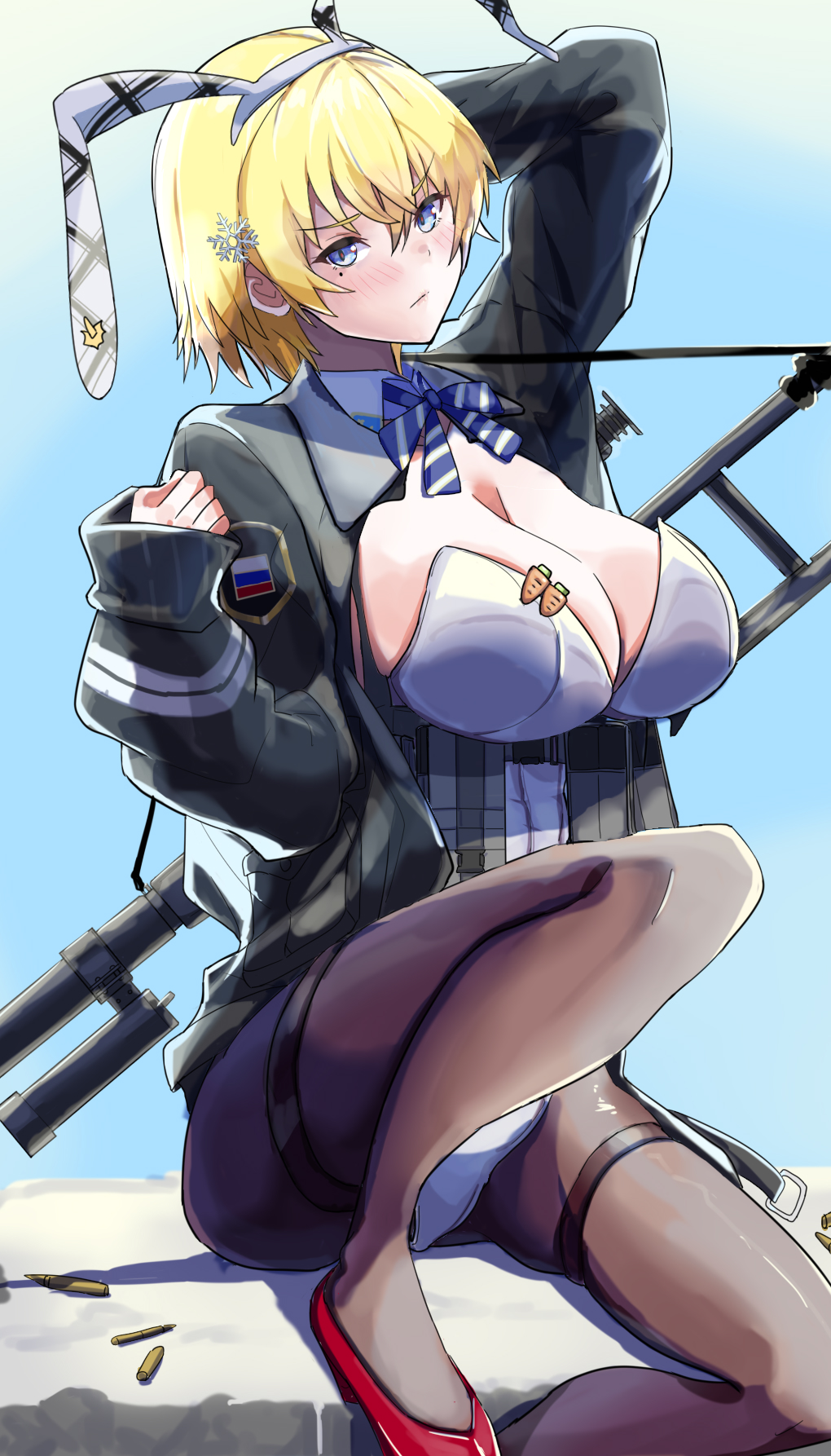 1girl ammunition_pouch animal_ears blue_eyes blush bow bowtie breasts girls'_frontline gun hair_ornament high_heels highres jacket large_breasts leotard leotard_under_clothes looking_at_viewer meetnox mole mole_under_eye open_clothes open_jacket pantyhose playboy_bunny pouch rabbit_ears rifle russian_flag short_hair sniper_rifle snowflake_hair_ornament vsk-94 vsk-94_(girls'_frontline) weapon