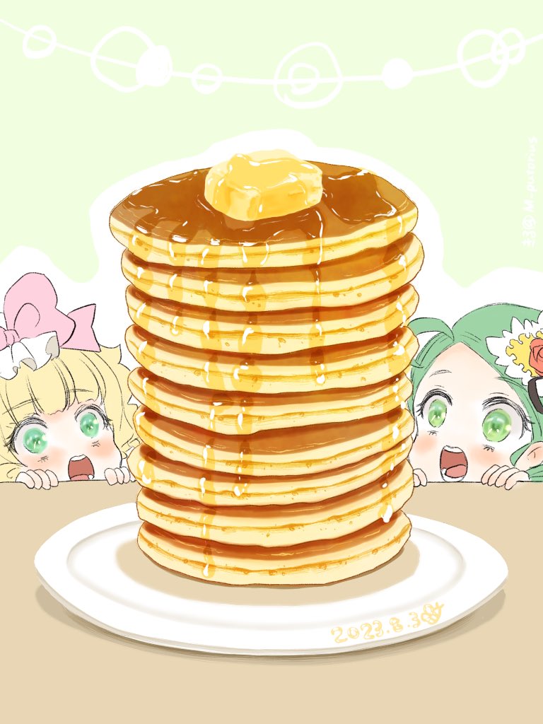 2girls ahoge blunt_bangs blush bow butter commentary_request dated flower food green_background green_eyes green_hair hair_bow head_only hinaichigo kanaria kiru_(m_putorius) looking_at_food maple_syrup multiple_girls open_mouth pancake pancake_stack pink_bow plate red_flower red_rose rose rozen_maiden short_hair swept_bangs table teeth