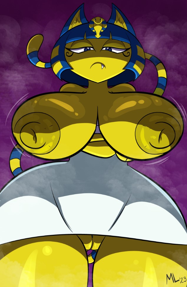 ameizinglewds animal_crossing ankha_(animal_crossing) anthro areola big_breasts blue_eyes breasts clothed clothing crossed_arms domestic_cat dress exposed_breasts felid feline felis female frown genitals huge_breasts looking_at_viewer looming mammal markings narrowed_eyes nintendo nipples no_underwear pussy snaggle_tooth solo striped_markings striped_tail stripes tail tail_markings thick_thighs yellow_areola yellow_nipples