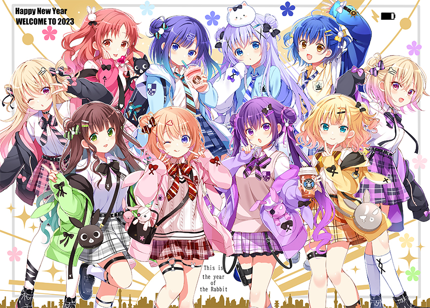 6+girls commentary english_commentary fuiba_fuyu gochuumon_wa_usagi_desu_ka? happy_new_year hokkana hoto_cocoa jinja_eru jinja_natsume jouga_maya kafuu_chino kirima_syaro multiple_girls natsu_megumi taking_picture tedeza_rize tippy_(gochiusa) ujimatsu_chiya