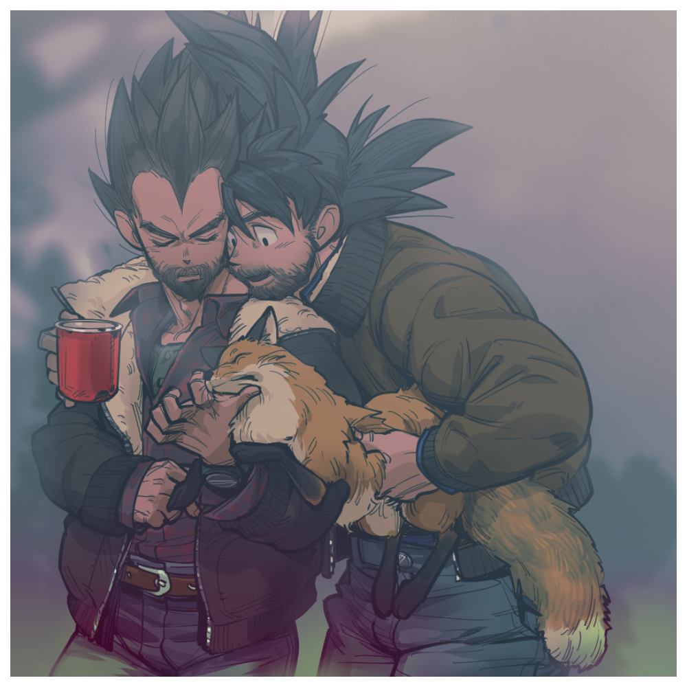 2boys affectionate alternate_costume alternate_facial_hair animal bara beard belt brown_belt brown_jacket closed_eyes collared_shirt couple cup denim dragon_ball dragon_ball_z facial_hair feet_out_of_frame fog fox frown hand_on_another's_shoulder holding holding_animal jacket jeans male_focus mug multiple_boys mustache pants petting receding_hairline shirt short_hair son_goku spiked_hair supobi thick_eyebrows vegeta yaoi