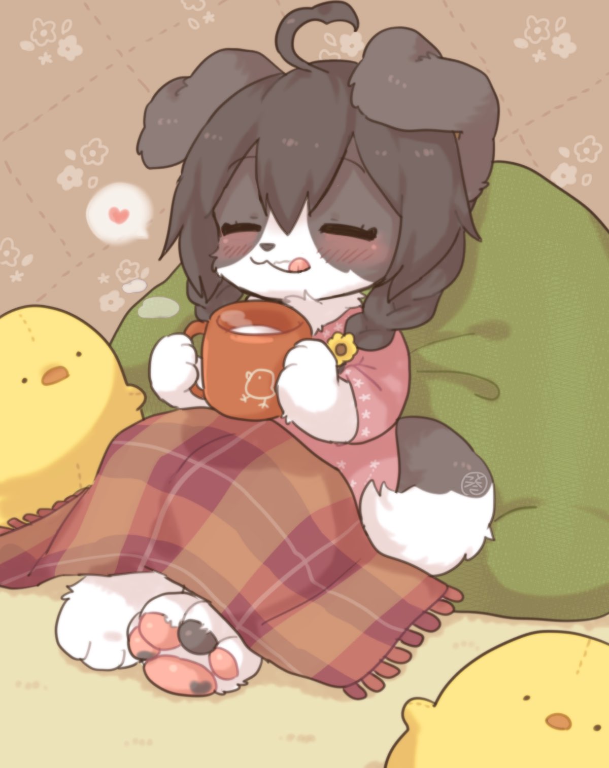 &lt;3 2021 4_fingers 4_toes ahoge anthro bedding beverage black_hair blanket blep blush border_collie braided_hair braided_pigtails canid canine canis claws clothed clothing collie cotorita daww digital_media_(artwork) domestic_dog eyes_closed feet female female_anthro fingers floppy_ears fur grey_body grey_fur hair happy herding_dog hi_res holding_mug holding_object hot_beverage kemono koto0v0haru licking licking_lips mammal milk mug pastoral_dog pawpads paws pigtails pillow plushie sheepdog tail toe_claws toes tongue tongue_out topwear translated_description white_body white_fur