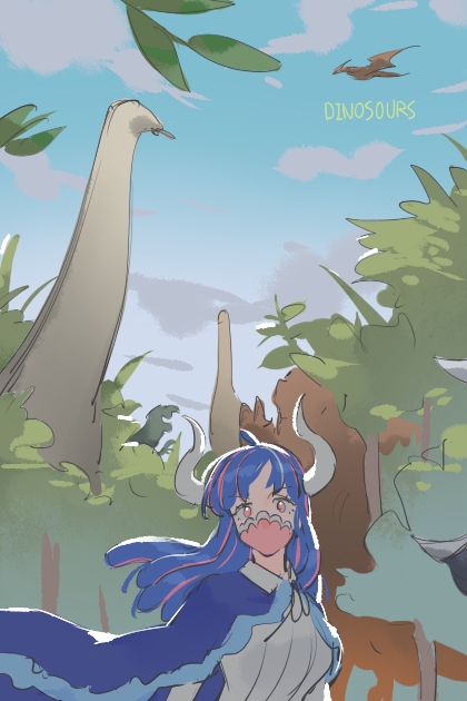 1girl ahoge blue_cape blue_hair cape cloud collared_shirt covered_mouth curled_horns day dinosaur dinosaur_girl horns long_hair looking_at_viewer mask mouth_mask multicolored_hair one_piece outdoors pink_eyes pink_hair pink_mask prehistoric_animal pterosaur raine_(acke2445) sauropod shirt solo streaked_hair tree ulti_(one_piece) white_shirt