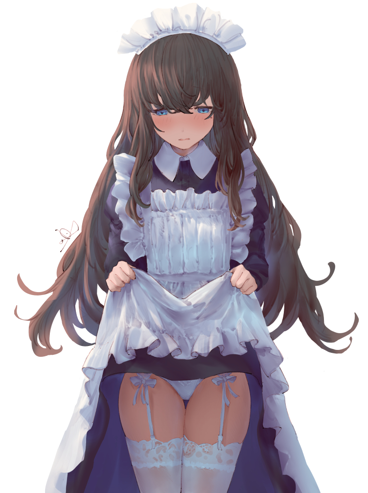 1girl apron black_dress black_hair blue_eyes collared_dress commentary_request commission cowboy_shot dress embarrassed garter_straps io_(io_oekaki) lace-trimmed_legwear lace_trim lifted_by_self long_hair looking_down maid maid_apron maid_headdress original panties pixiv_commission simple_background solo thigh_gap thighhighs thighs underwear wavy_mouth white_apron white_background white_panties white_thighhighs
