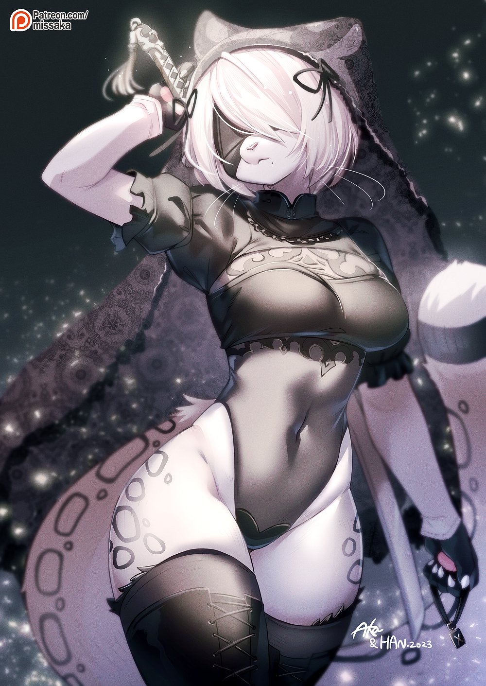 1girl animal_ears artist_name black_blindfold black_hairband blindfold boots cleavage_cutout clothing_cutout collaboration covered_eyes covered_navel english_commentary furrification furry furry_female hairband highres leopard_ears leopard_girl leopard_tail missaka mole mole_under_mouth nier:automata nier_(series) patreon_logo patreon_username see-through shepherd0821 snow_leopard solo spotted_tail sword tail thigh_boots thighhighs thighhighs_under_boots two-tone_fur veil weapon web_address yorha_no._2_type_b